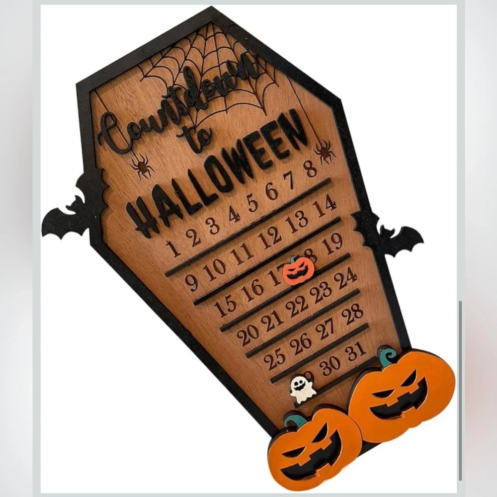 NWT Countdown to Halloween Calendar Wooden Advent Coffin Shaped Wall‎ Decor